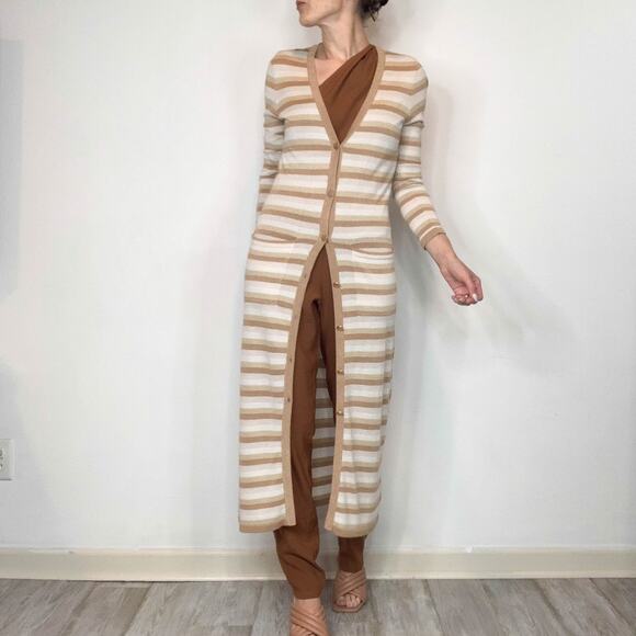 NWT L'AGENCE Marija metallic striped long cardigan duster tan button front 3045 - Picture 2 of 11